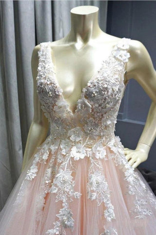 Wide Straps V-Neck Tulle Pink Prom Dress Applique Long