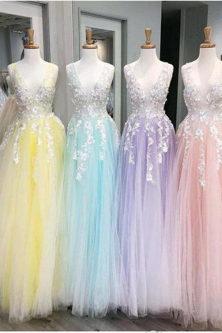 Wide Straps V-Neck Tulle Pink Prom Dress Applique Long