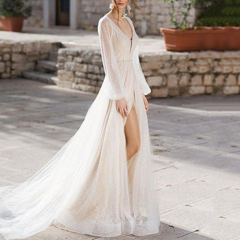 Vestido de novia sexy de mujer Baoleely con escote en V profundo, mangas obispo y espalda descubierta