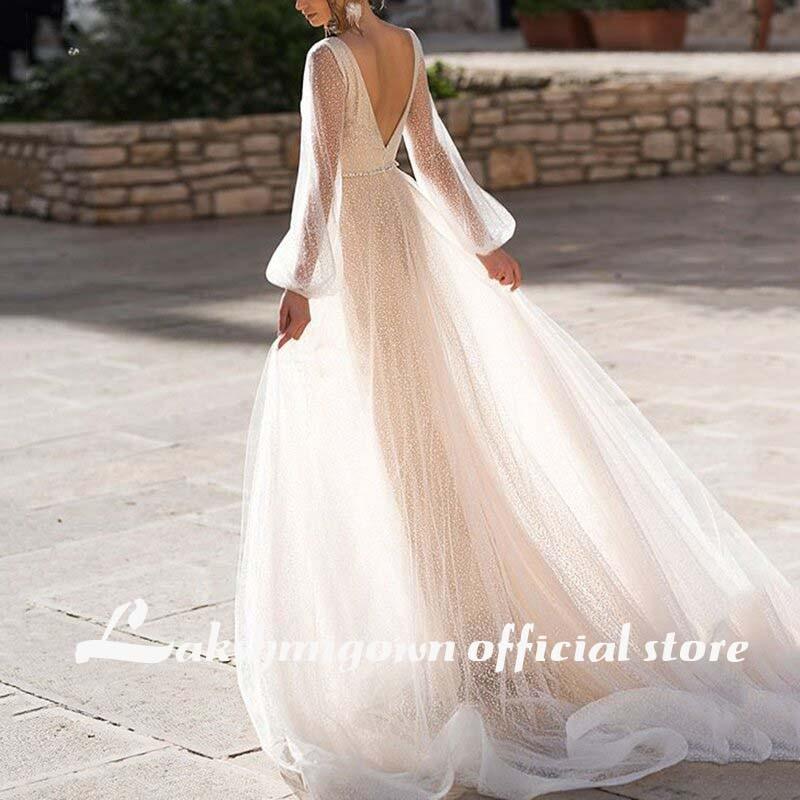 Baoleely Women's Sexy Deep V-Neck Bishop Sleeve Bare Back Wedding Dress