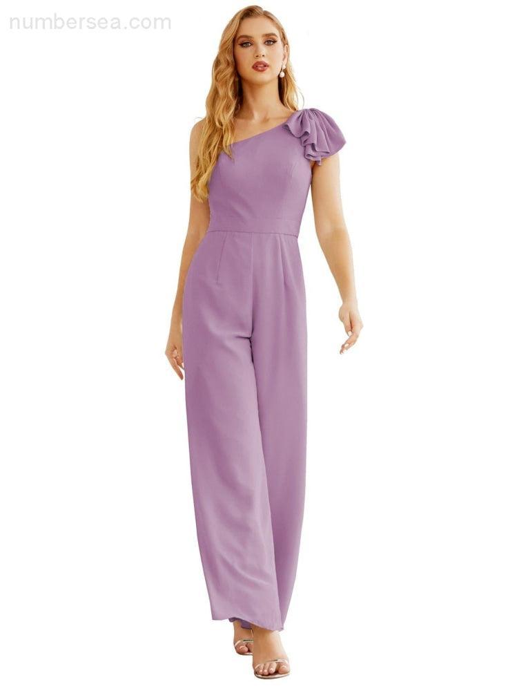 Women's One Shoulder Chiffon Long Jumpsuit Formal Evening Dress Long Bridesmaid Dresses Pants Wedding Party SEA28034