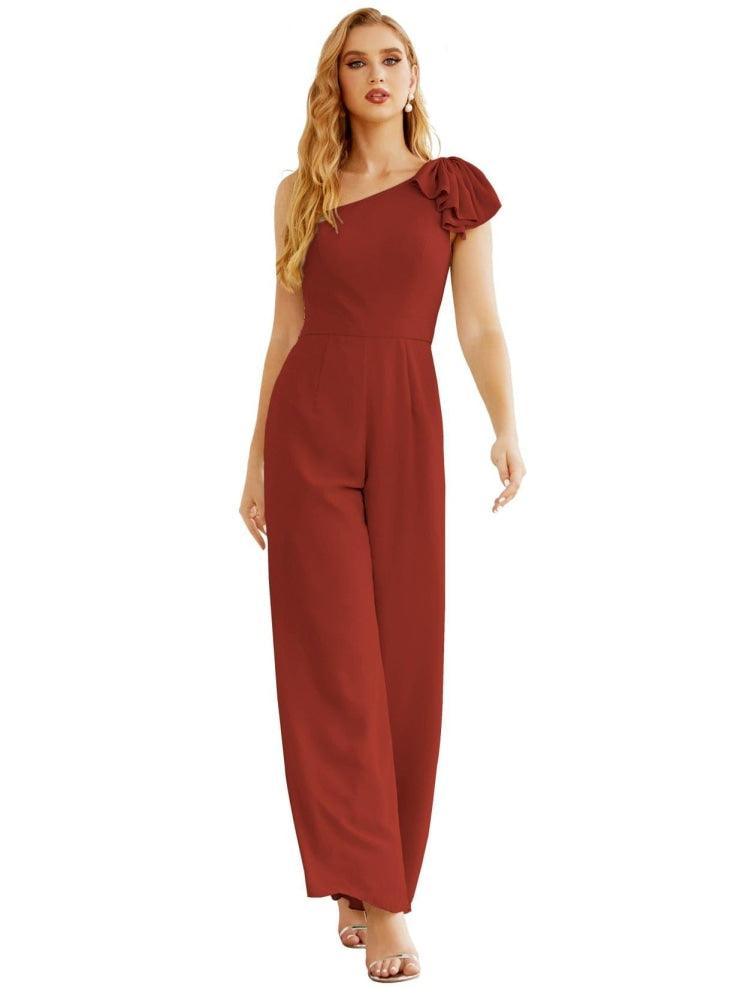 Women's One Shoulder Chiffon Long Jumpsuit Formal Evening Dress Long Bridesmaid Dresses Pants Wedding Party SEA28034