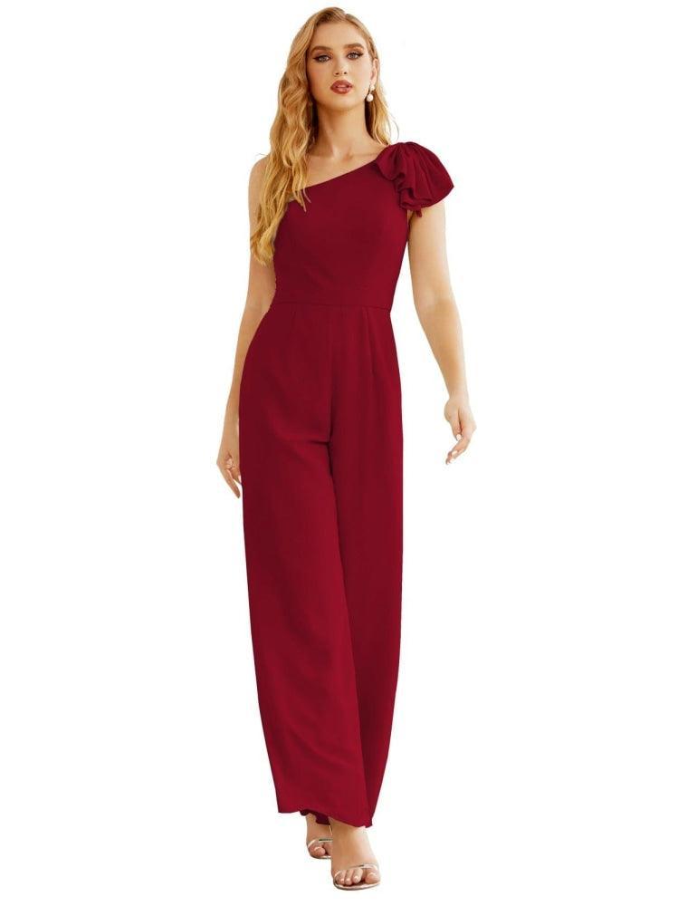 Women's One Shoulder Chiffon Long Jumpsuit Formal Evening Dress Long Bridesmaid Dresses Pants Wedding Party SEA28034