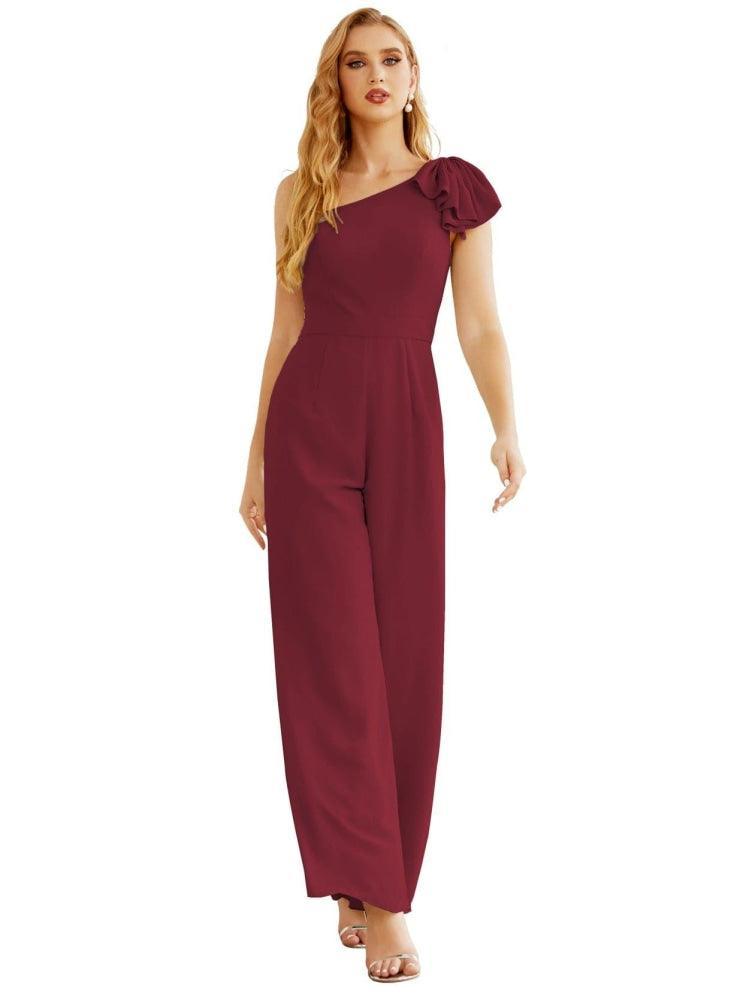Women's One Shoulder Chiffon Long Jumpsuit Formal Evening Dress Long Bridesmaid Dresses Pants Wedding Party SEA28034