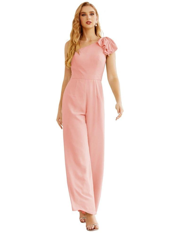 Women's One Shoulder Chiffon Long Jumpsuit Formal Evening Dress Long Bridesmaid Dresses Pants Wedding Party SEA28034