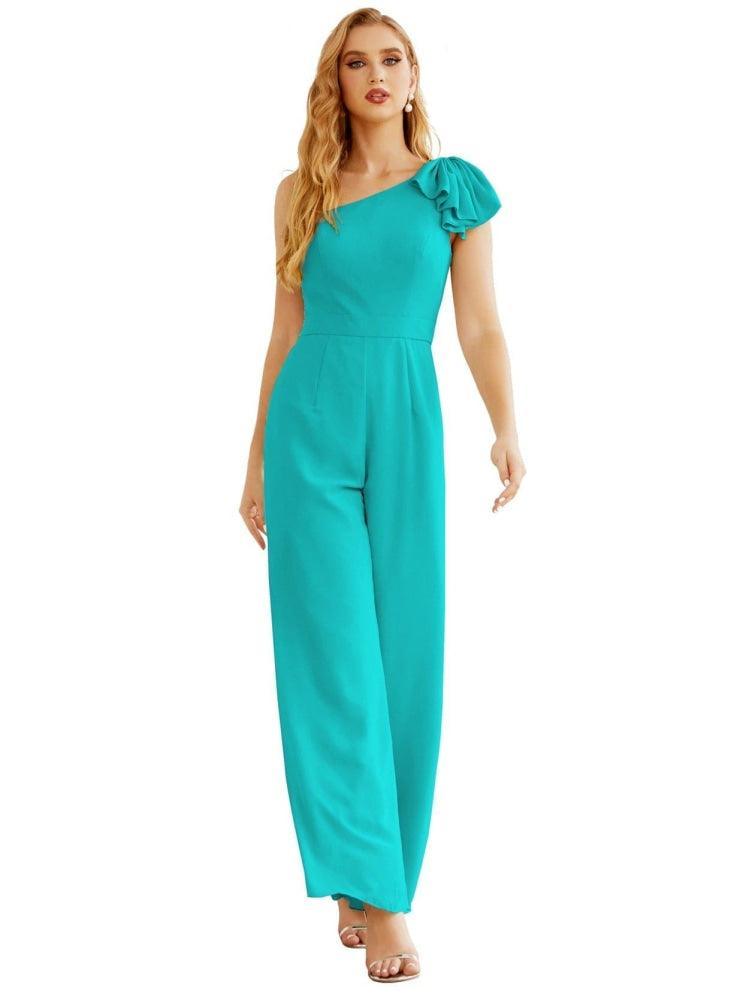 Women's One Shoulder Chiffon Long Jumpsuit Formal Evening Dress Long Bridesmaid Dresses Pants Wedding Party SEA28034