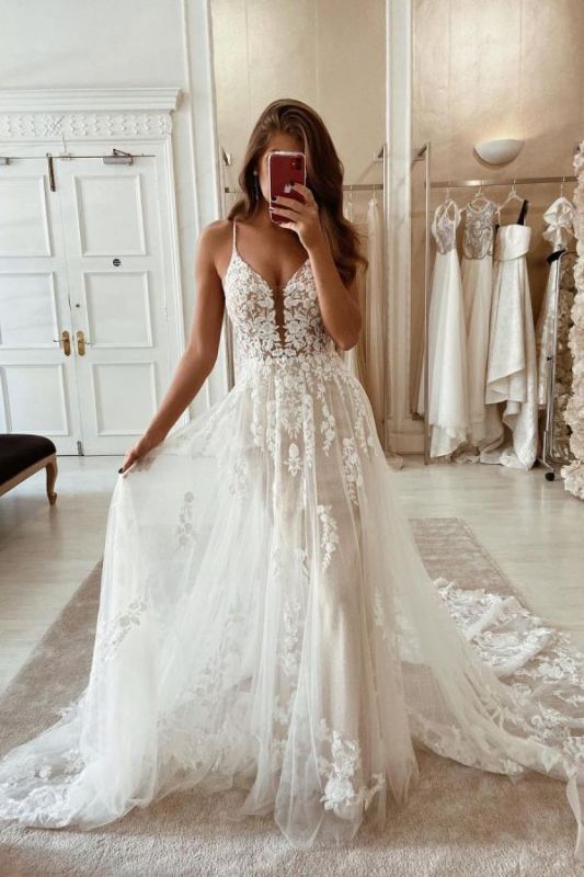 Magnifiques robes de mariée trapèze en tulle à fines bretelles et appliques 