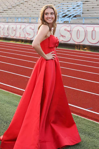 Xanthia | Vestido largo de fiesta de satén sin mangas, corte imperio, sin tirantes, con lazo y abertura, corte en A