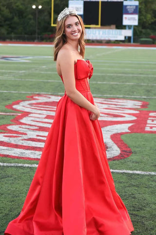 Xanthia | Vestido largo de fiesta de satén sin mangas, corte imperio, sin tirantes, con lazo y abertura, corte en A