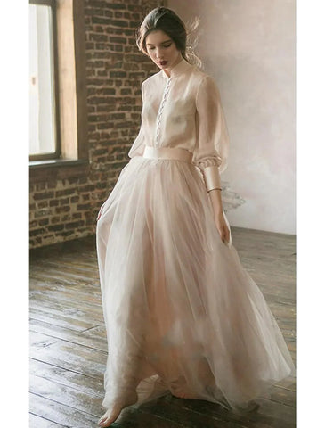 Baoleely Two Piece Empire Minimalist Wedding Guest Formal Evening Birthday Dress Stand Collar Long Sleeve Floor Length Chiffon with Tier