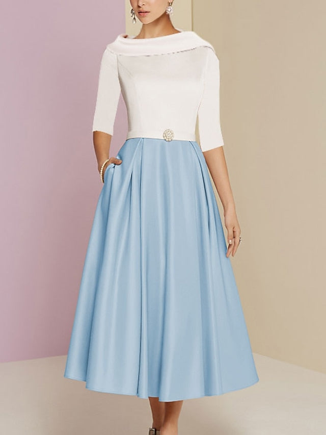 Vestidos de corte princesa/línea A para la madre de la novia, con cuello joya, manga corta y largo hasta la rodilla, con bolsillos y pliegues. 