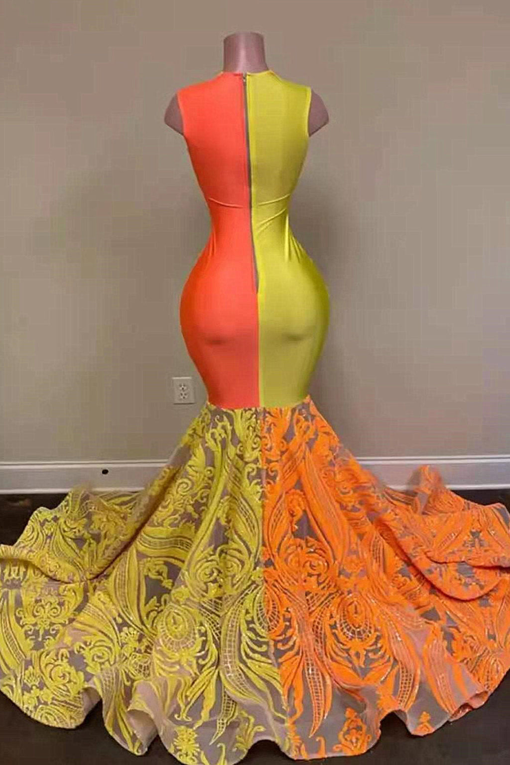 Robe de bal sirène jaune et orange en dentelle longue en solde