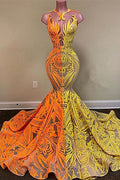 Robe de bal sirène jaune et orange en dentelle longue en solde