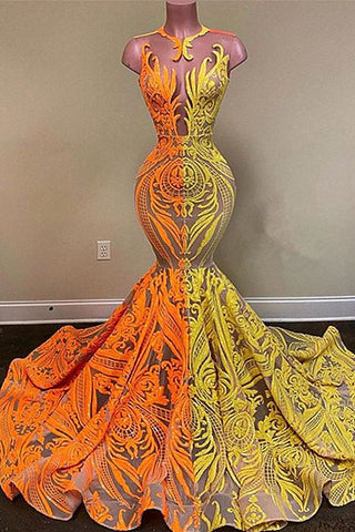 Vestido de sirena amarillo y naranja de encaje largo para baile de graduación en oferta