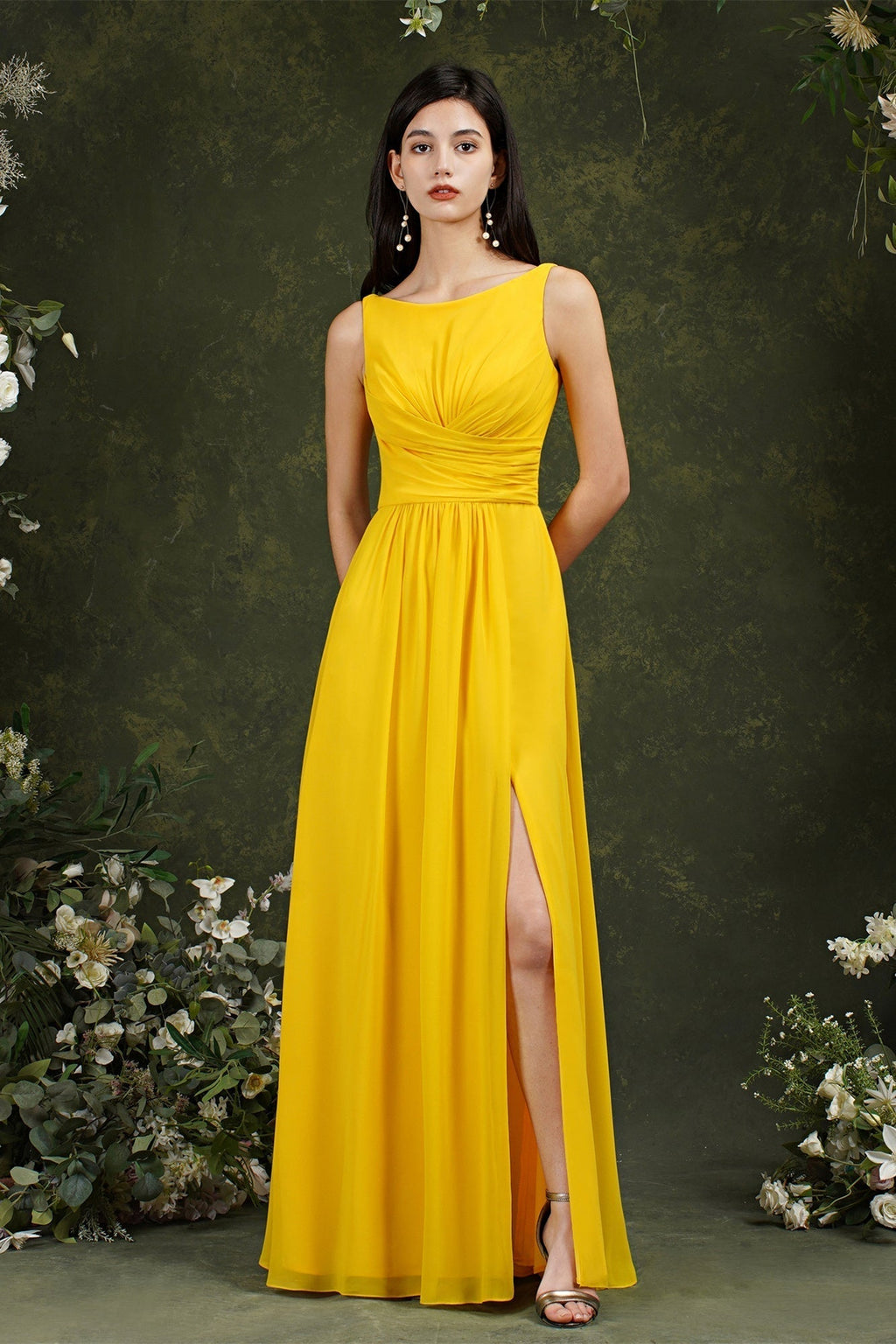 Robe de demoiselle d'honneur jaune bateau, coupe trapèze, en mousseline à volants, fendue, longueur au sol, avec poches