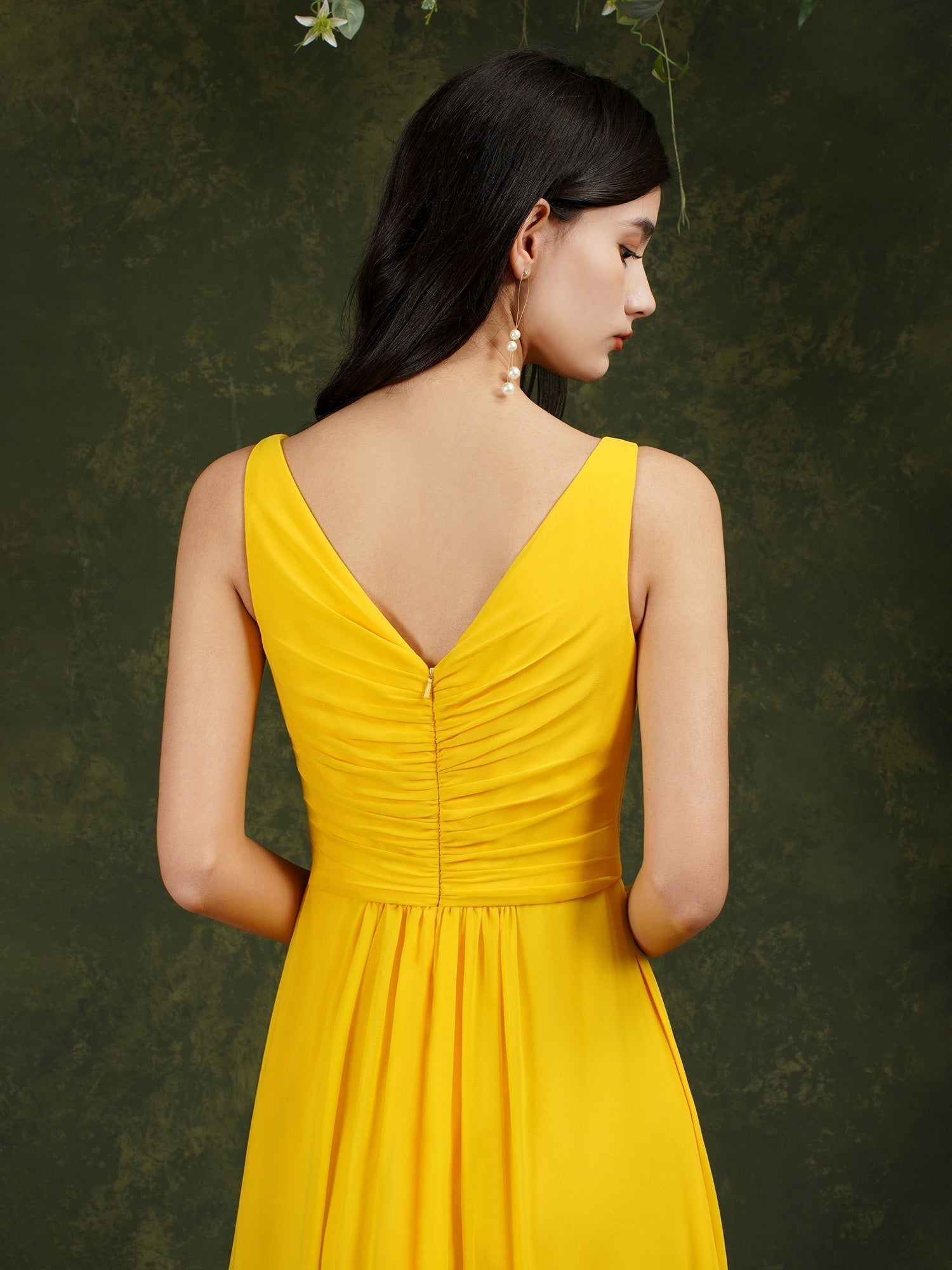 Robe de demoiselle d'honneur jaune bateau, coupe trapèze, en mousseline à volants, fendue, longueur au sol, avec poches