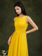 Robe de demoiselle d'honneur jaune bateau, coupe trapèze, en mousseline à volants, fendue, longueur au sol, avec poches