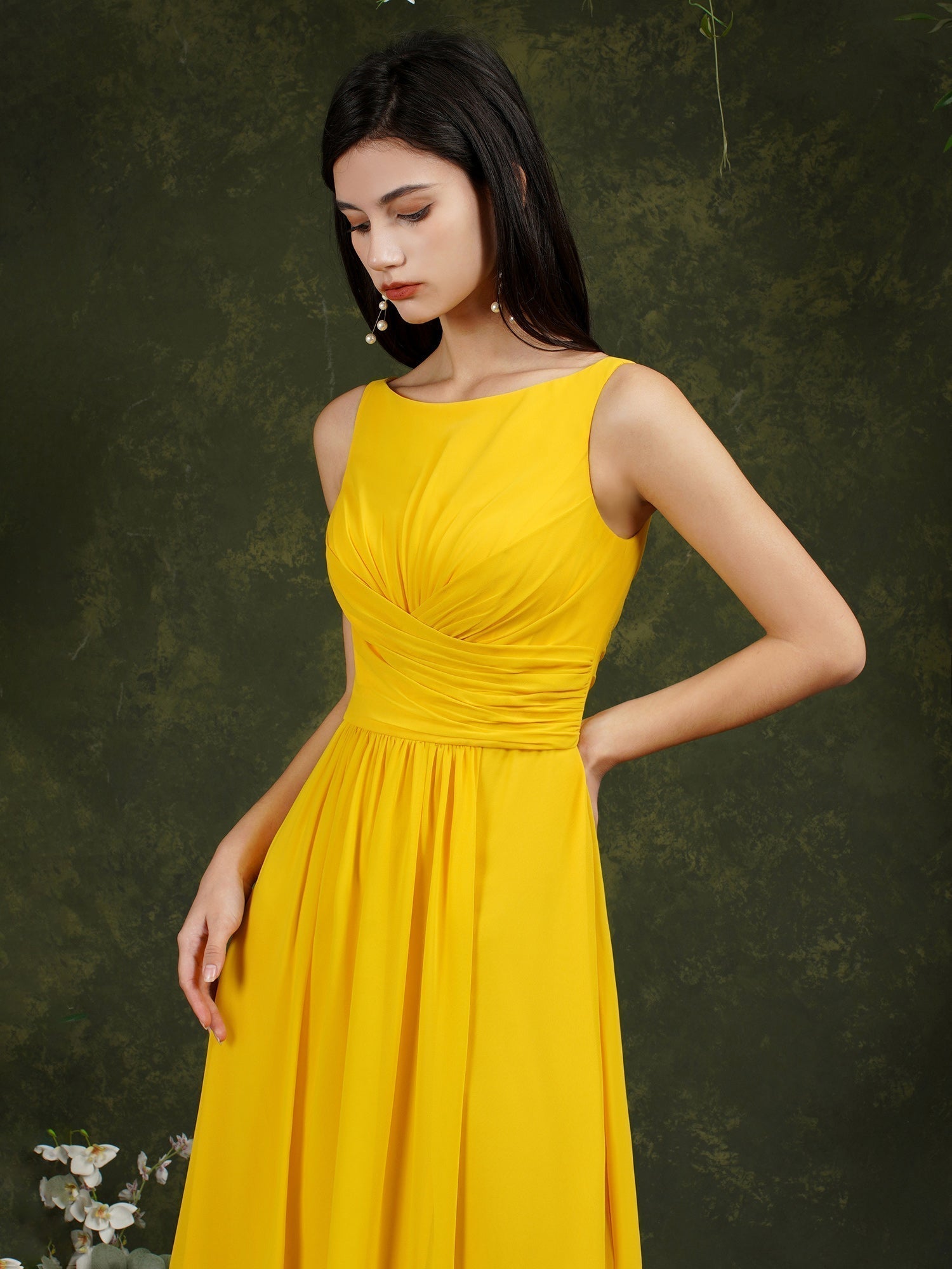 Robe de demoiselle d'honneur jaune bateau, coupe trapèze, en mousseline à volants, fendue, longueur au sol, avec poches