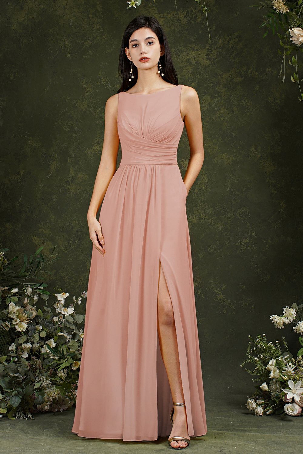 Vestido de dama de honor amarillo estilo barco, corte en A, de gasa, con volantes, abertura y largo hasta el suelo, con bolsillos.