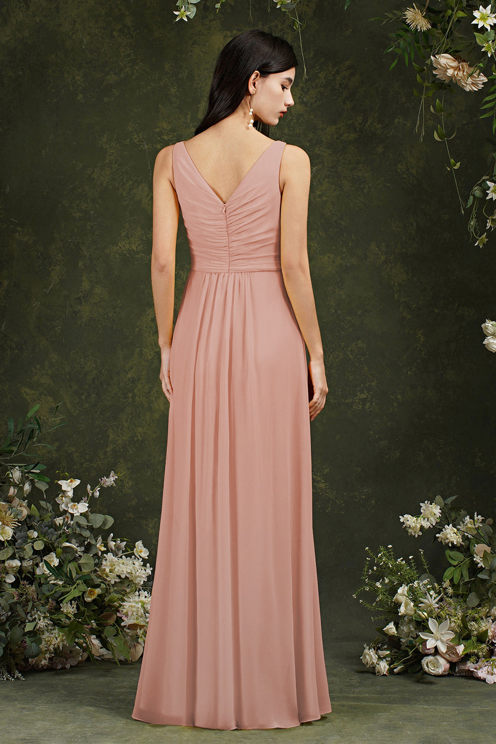 Vestido de dama de honor amarillo estilo barco, corte en A, de gasa, con volantes, abertura y largo hasta el suelo, con bolsillos.