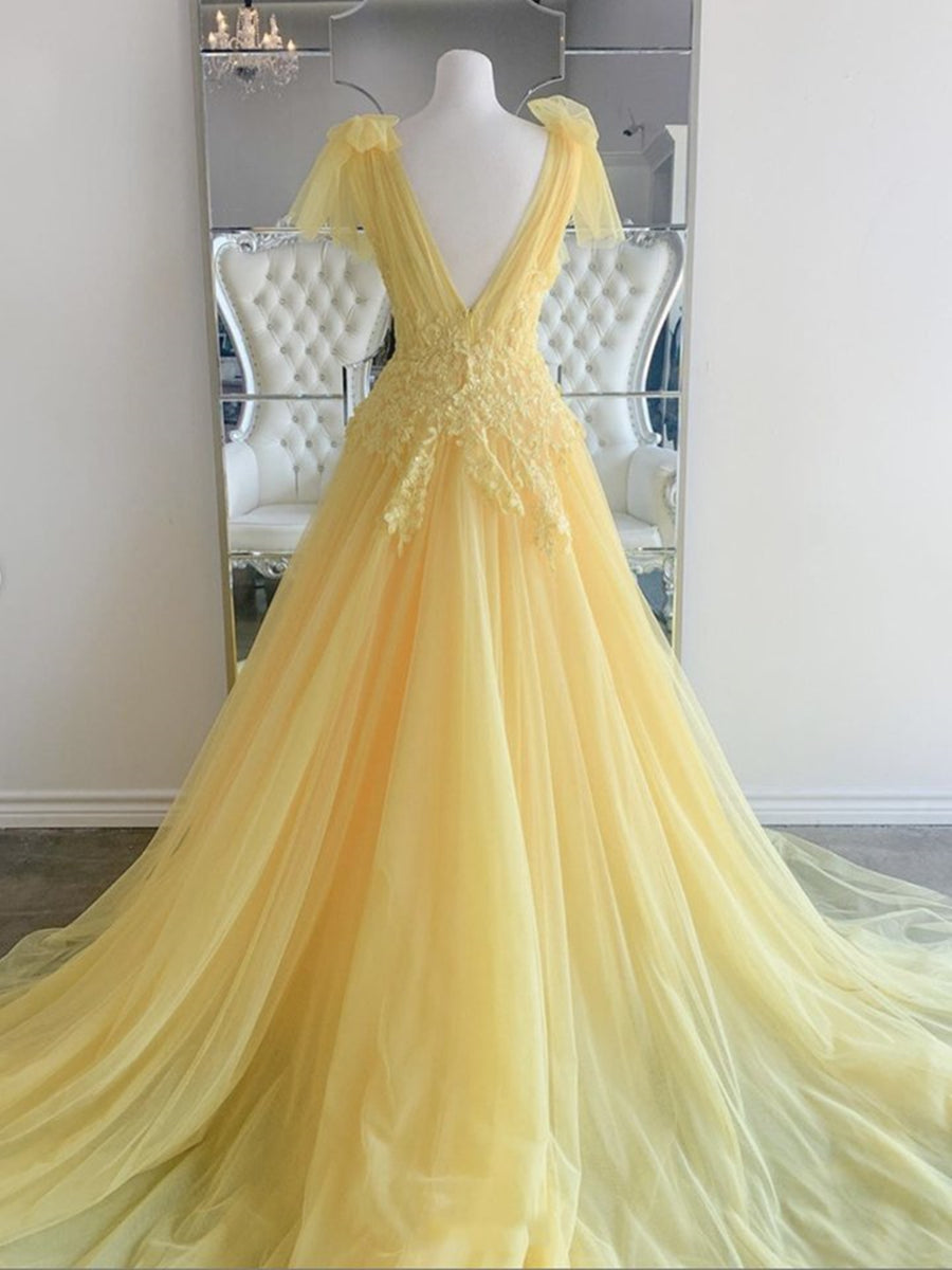Robe de bal de fin d'année jaune longue, coupe trapèze, col en V, dentelle et tulle dos nu