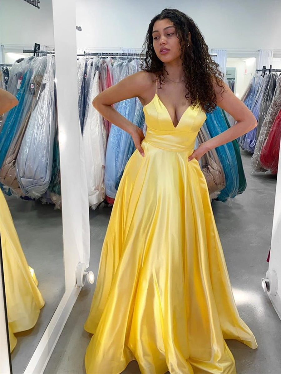 Robe de bal de fin d'année jaune longue en satin à col en V
