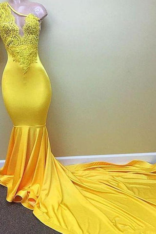 Yellow one shoulder mermaid prom dress, lace Evening Dresses