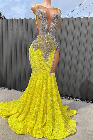 Yellow Scoop Long Sleeve Mermaid Prom Dresses with Sequins and Split BeadingsYellow Scoop Long Sleeve Mermaid Prom Dresses with Sequins and Split Beadings