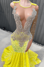 Yellow Scoop Long Sleeve Mermaid Prom Dresses with Sequins and Split BeadingsYellow Scoop Long Sleeve Mermaid Prom Dresses with Sequins and Split Beadings