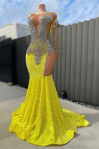 Yellow Scoop Long Sleeve Mermaid Prom Dresses with Sequins and Split BeadingsYellow Scoop Long Sleeve Mermaid Prom Dresses with Sequins and Split Beadings