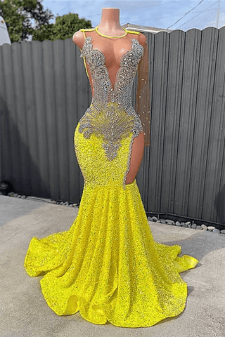 Yellow Scoop Long Sleeve Mermaid Prom Dresses with Sequins and Split BeadingsYellow Scoop Long Sleeve Mermaid Prom Dresses with Sequins and Split Beadings
