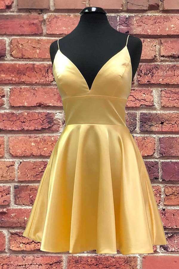 Robe de bal courte jaune à bretelles satinées et col en V PD279