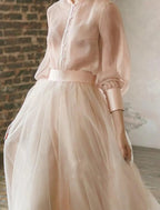 Baoleely Two Piece Empire Minimalist Wedding Guest Formal Evening Birthday Dress Stand Collar Long Sleeve Floor Length Chiffon with Tier