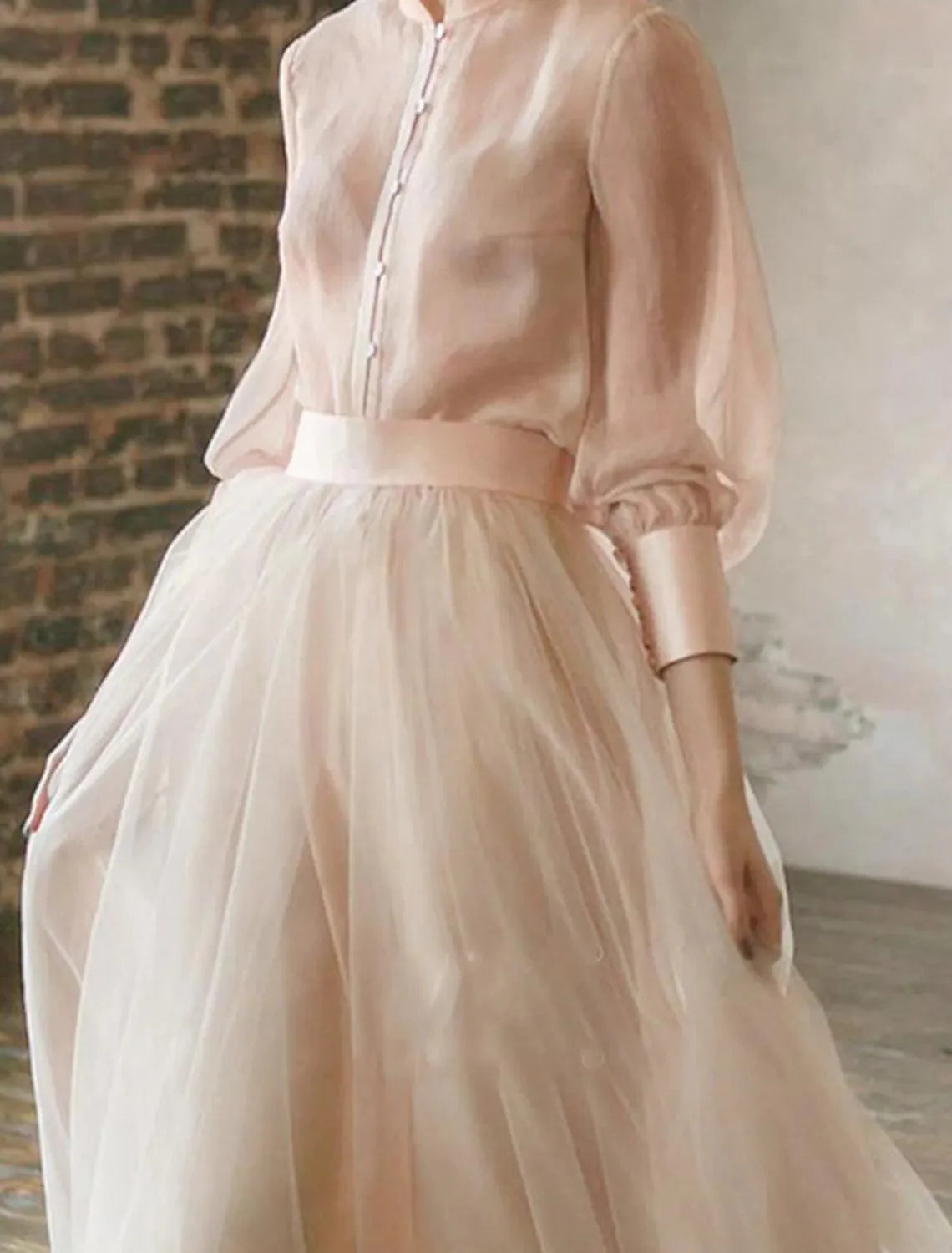 Baoleely Two Piece Empire Minimalist Wedding Guest Formal Evening Birthday Dress Stand Collar Long Sleeve Floor Length Chiffon with Tier