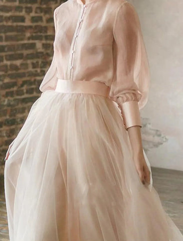 Baoleely Two Piece Empire Minimalist Wedding Guest Formal Evening Birthday Dress Stand Collar Long Sleeve Floor Length Chiffon with Tier