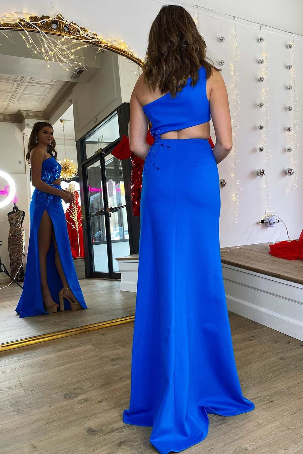Yonderly | Robe de bal longue bleu royal asymétrique à miroir taillé et fente