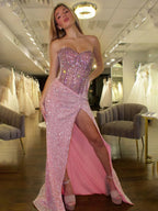 Yves | Vestidos largos de sirena con lentejuelas y cuentas color rosa corazón para baile de graduación