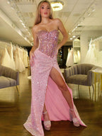 Yves | Vestidos largos de sirena con lentejuelas y cuentas color rosa corazón para baile de graduación