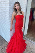 Zabelle | Robe de bal longue sirène rouge en dentelle sans bretelles avec volants