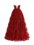 Vestido largo de fiesta plisado sin tirantes de corte en A con apliques