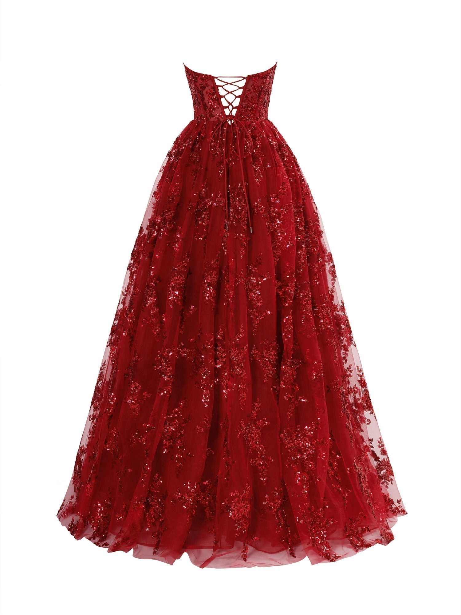 Vestido largo de fiesta plisado sin tirantes de corte en A con apliques