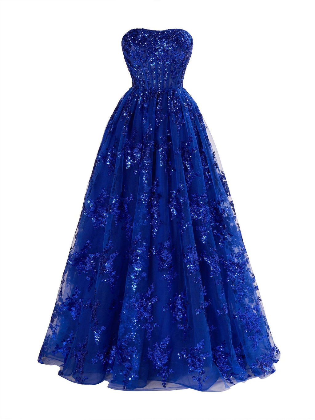 Vestido largo de fiesta plisado sin tirantes de corte en A con apliques