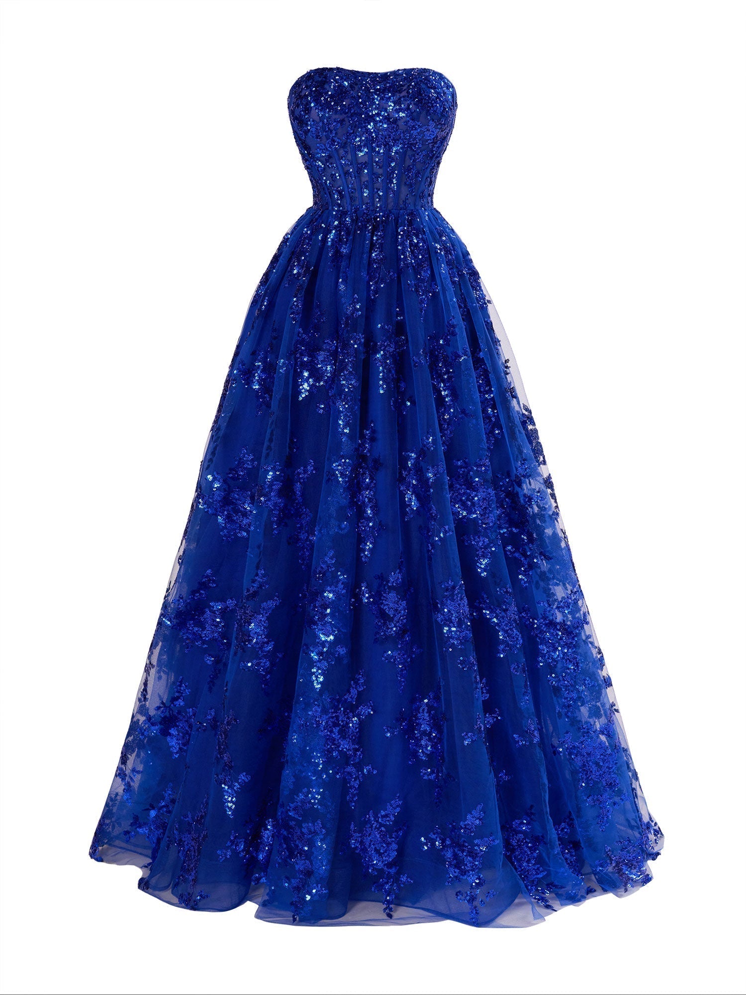 Vestido largo de fiesta plisado sin tirantes de corte en A con apliques