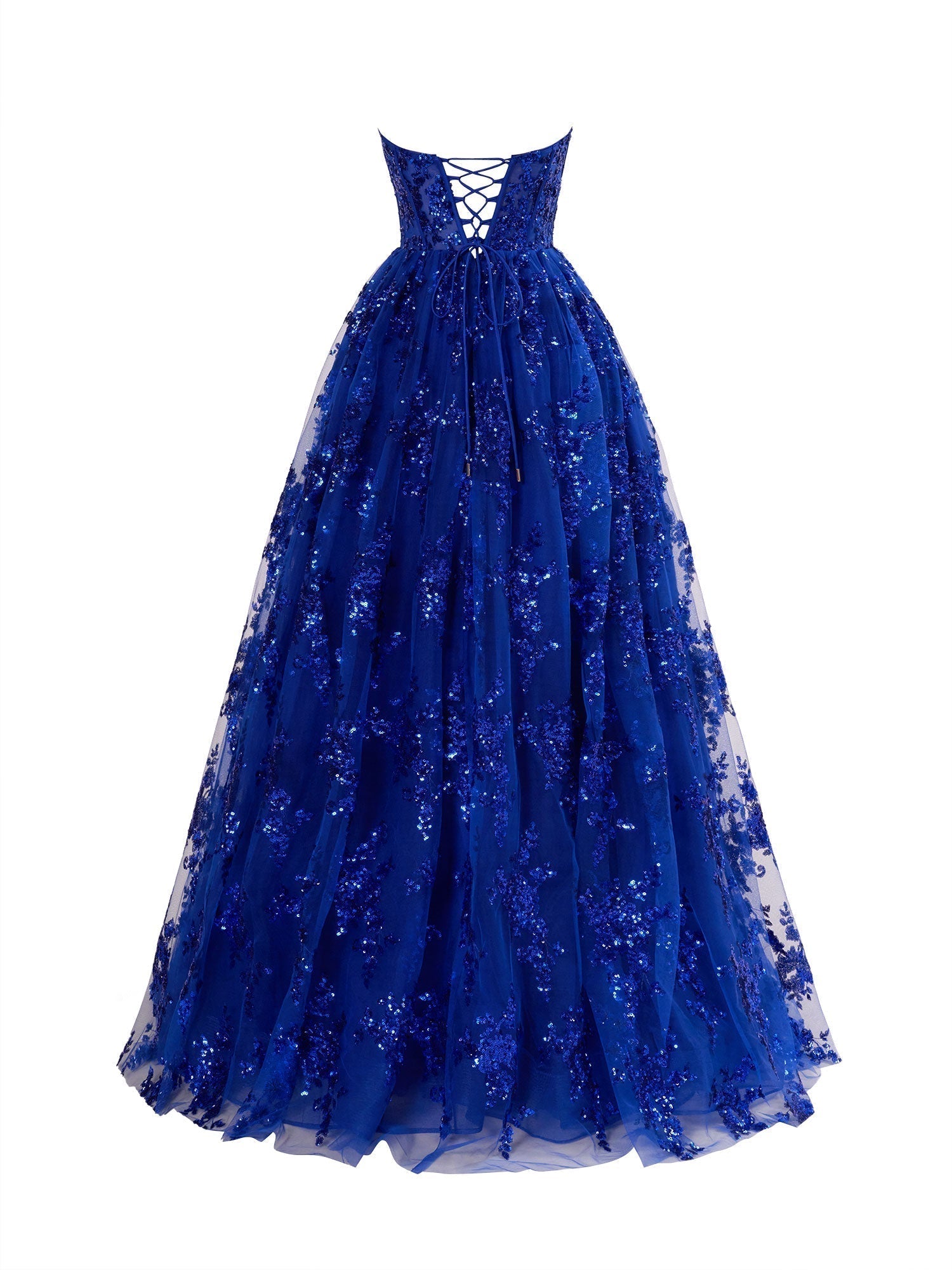 Vestido largo de fiesta plisado sin tirantes de corte en A con apliques
