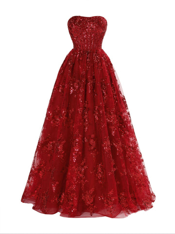 Vestido largo de fiesta plisado sin tirantes de corte en A con apliques