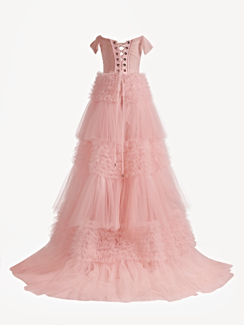Zariah | Robe de bal princesse rose poudré, coupe trapèze, épaules dénudées, tulle à volants et épaules dénudées