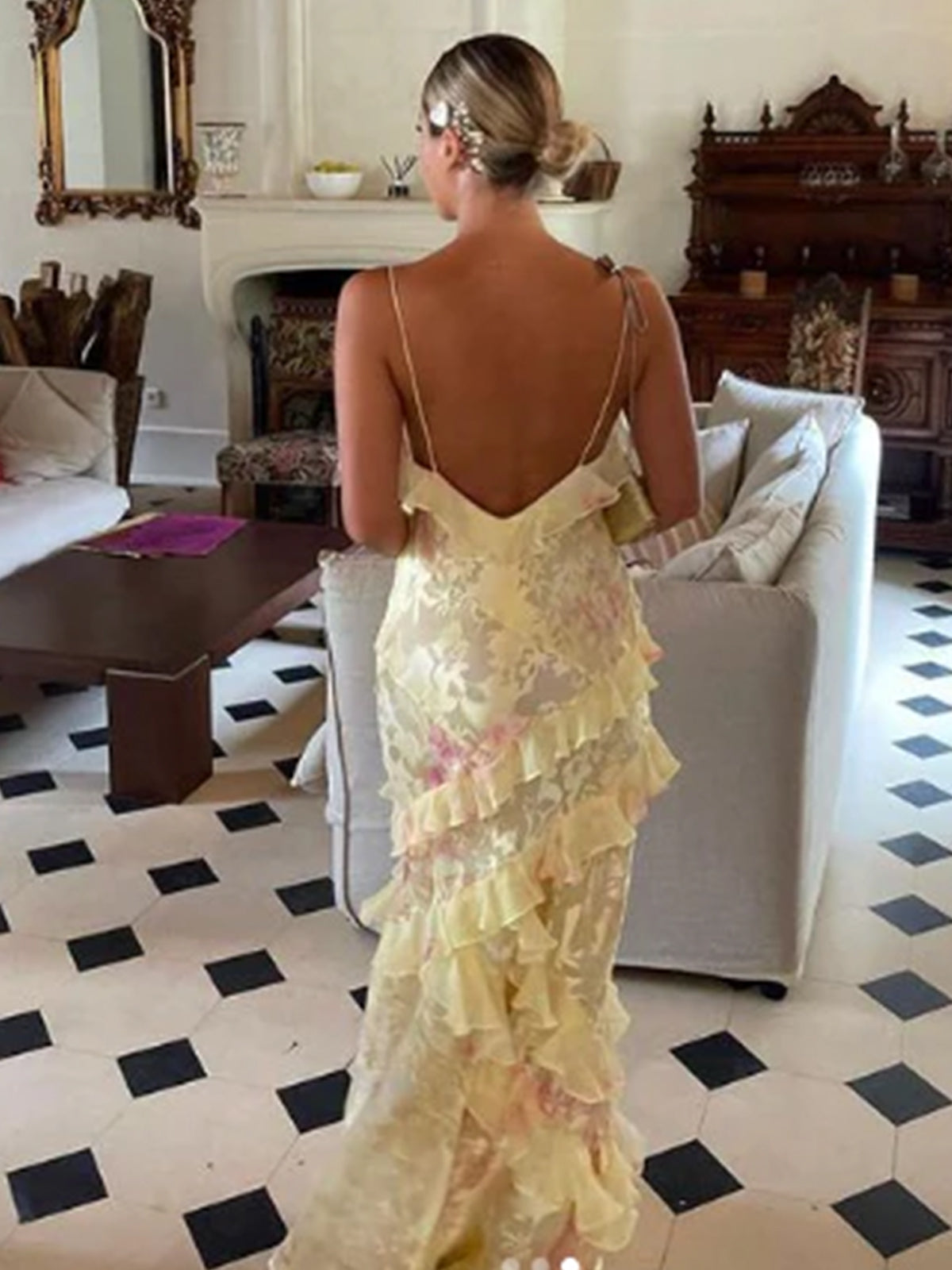 Zaylee | Vestido largo de sirena amarillo con tirantes finos y volantes para baile de graduación