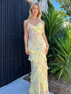 Zaylee | Vestido largo de sirena amarillo con tirantes finos y volantes para baile de graduación