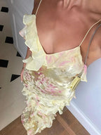 Zaylee | Vestido largo de sirena amarillo con tirantes finos y volantes para baile de graduación