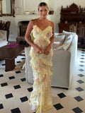 Zaylee | Vestido largo de sirena amarillo con tirantes finos y volantes para baile de graduación